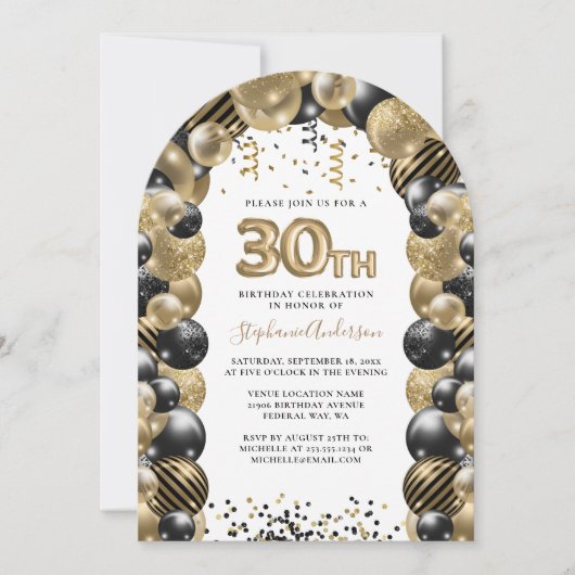 30. Geburtstag Ballon Gold Black Sparkle Einladung (Vorderseite)