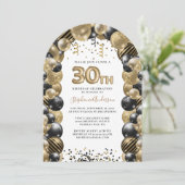 30. Geburtstag Ballon Gold Black Sparkle Einladung (Stehend Vorderseite)