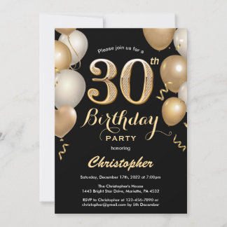 30. Geburtstag Black and Gold Balloons Confetti Einladung
