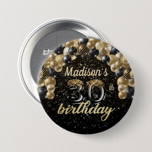 30. Geburtstag Black Gold Ballon Glitzer Button (Vorne & Hinten)