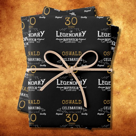 30. Geburtstag Black Gold Legendary Retro Geschenkpapier Set