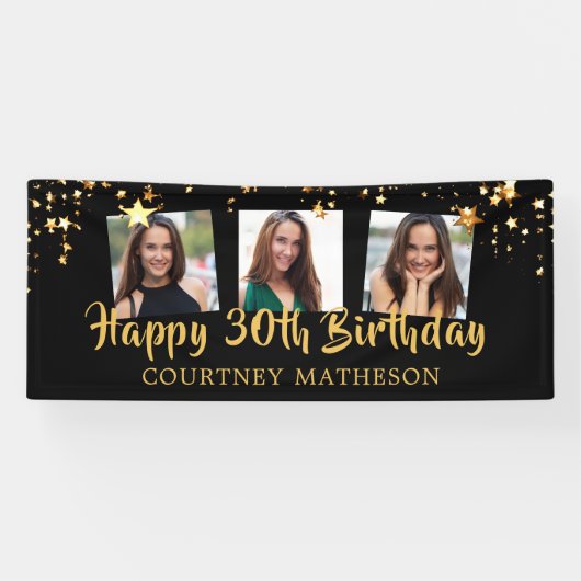 30. Geburtstag Black Gold Stars Foto Personalisier Banner (Horizontal)