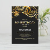 30. Geburtstag Black Gold Steampunk Uhren Gears Einladung (Stehend Vorderseite)