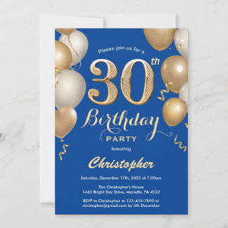 30. Geburtstag Blue and Gold Balloons Confetti Einladung