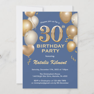 30. Geburtstag Blue and Gold Glitzer Balloons Einladung