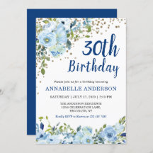 30. Geburtstag Blue Floral Watercolor Gold Confett