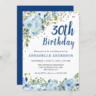 30. Geburtstag Blue Floral Watercolor Gold Confett Einladung