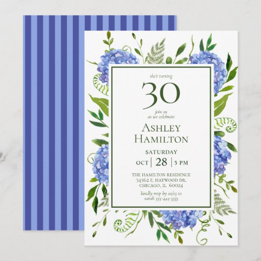 30. Geburtstag Blue Hydrangeas Einladung (Vorne/Hinten)