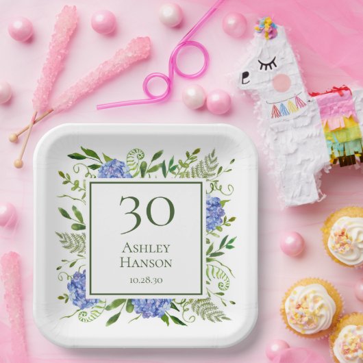 30. Geburtstag Blue Hydrangeas Pappteller (Party)