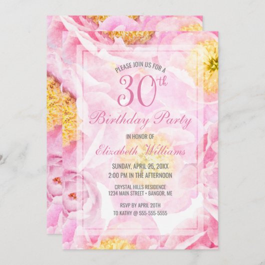 30. Geburtstag Blumenrosa Peony Party Einladung (Vorne/Hinten)