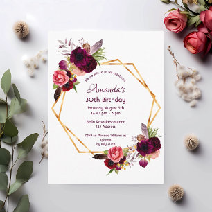30. Geburtstag burgund florales Gold Einladung Postkarte