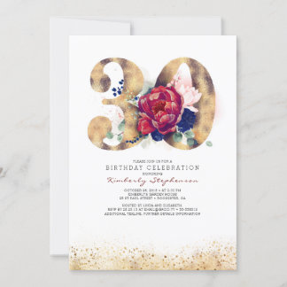 30. Geburtstag Burgundy Red and Navy Blue Einladung