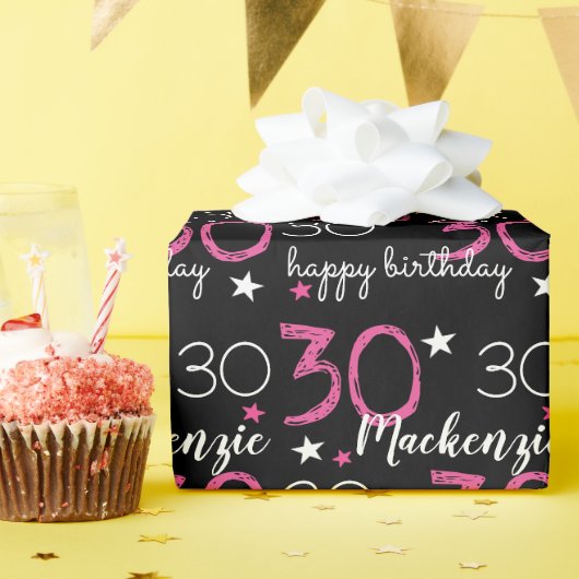30. Geburtstag Custom Pink Black Wrapping Paper Geschenkpapier (Geburtstagsparty)