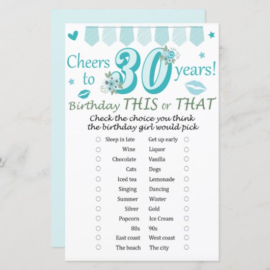 30. Geburtstag Dieses oder jenes Spiel (Vorne/Hinten)