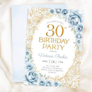 30. Geburtstag Dusty Blue Gold Floral Weiblich Einladung
