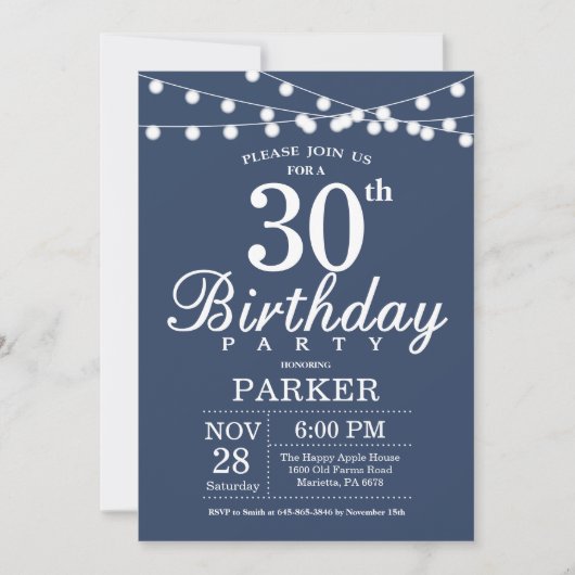 30. Geburtstag Einladung Blau (Vorderseite)