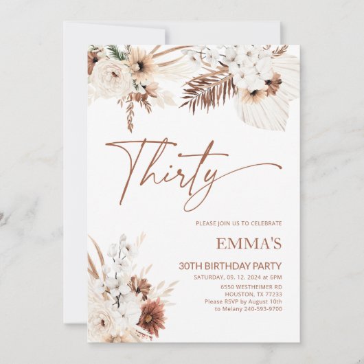 30. Geburtstag Einladung Boho Pampas (Vorderseite)