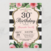 30. Geburtstag Einladung Frauen. Floral Gold Black