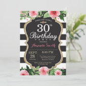 30. Geburtstag Einladung Frauen. Floral Gold Black (Stehend Vorderseite)