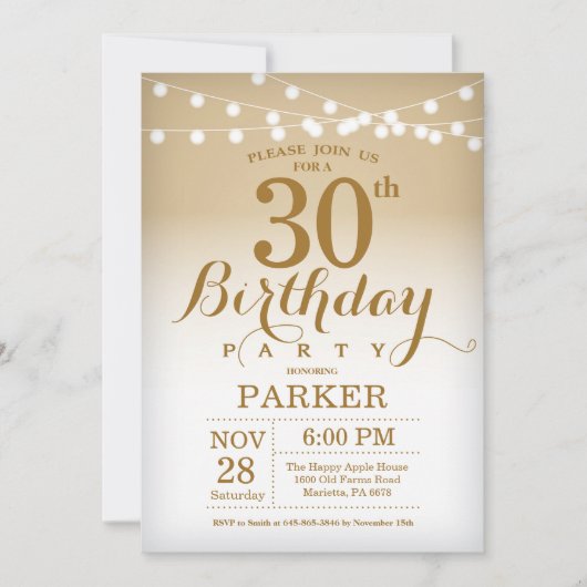 30. Geburtstag Einladung Gold String Lights (Vorderseite)