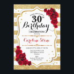 30. Geburtstag Einladung Gold Weiße Streifen Rose<br><div class="desc">30. Geburtstag Einladung Elegantes goldfarbenes Design mit Imitat Glitzer. Die Streifen sind goldgelb und weiß mit rote Rosen. Ideal für eine elegante Geburtstagsfeier.</div>