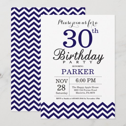 30. Geburtstag Einladung Navy Blue Zickzack (Vorne/Hinten)