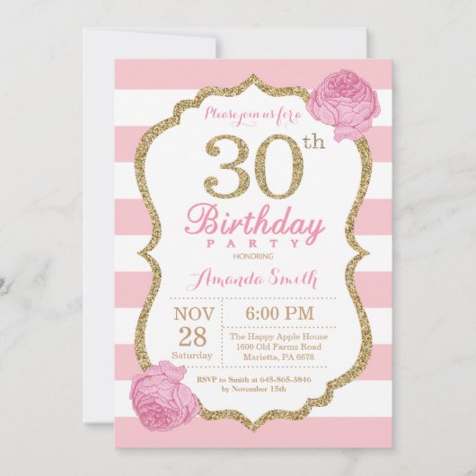 30. Geburtstag Einladung Pink und Gold Floral (Vorderseite)