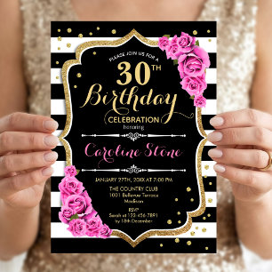 30. Geburtstag Einladung Rosa Schwarz-weiße Streif