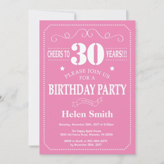 30. Geburtstag Einladung Rosa und Weiß (Vorderseite)