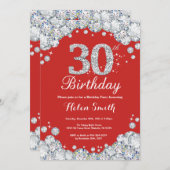 30. Geburtstag Einladung Rot und Silver Diamond (Vorne/Hinten)