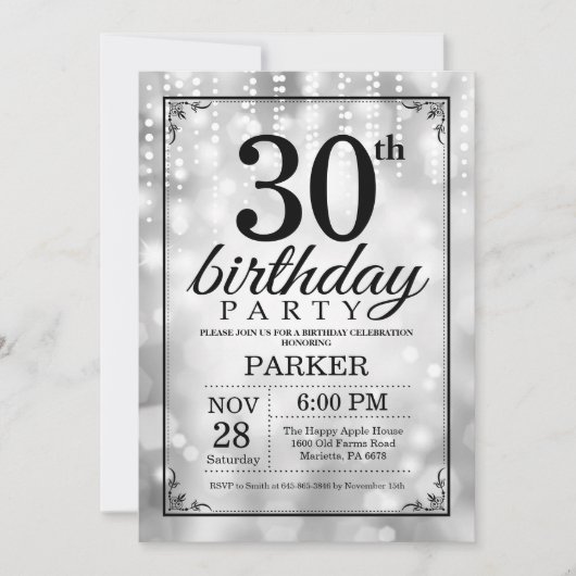 30. Geburtstag Einladung Silberner Glitzer (Vorderseite)