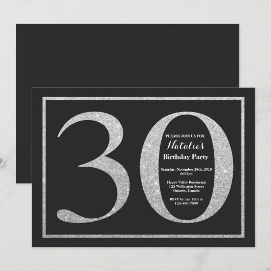 30. Geburtstag Einladung Silver Glitzer Chalkboard (Vorne/Hinten)