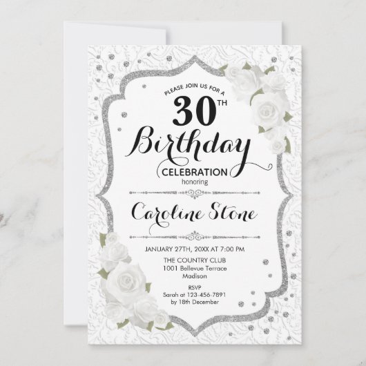 30. Geburtstag - Einladung von Silberrosen (Vorderseite)