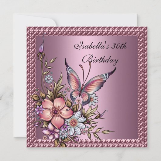 30. Geburtstag Elegant Floral Butterfly Pink Einladung (Vorderseite)