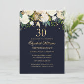 30. Geburtstag Elegant Navy Gold Floral Einladung (Stehend Vorderseite)