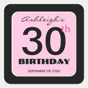 30. Geburtstag Elegant PINK BLACK Individuelle Nam Quadratischer Aufkleber
