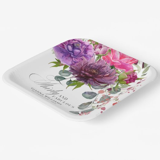 30. Geburtstag, Elegant und Blumen Pappteller (Gewinkelt)