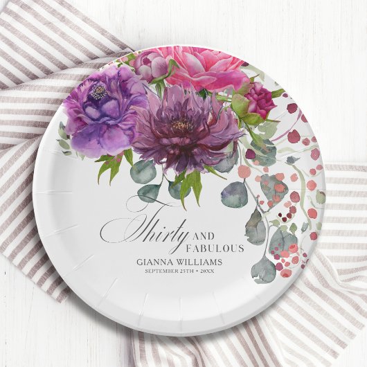 30. Geburtstag, Elegant und Blumen Pappteller