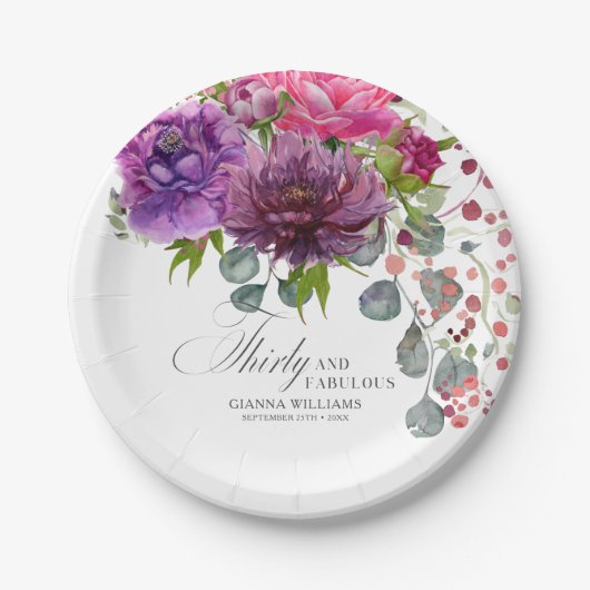 30. Geburtstag, Elegant und Blumen Pappteller (Vorderseite)