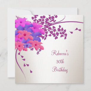 30. Geburtstag Elegante Weiße Rosa Lila Blumen Einladung