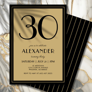 30. Geburtstag Erwachsene Schwarz und Gold Modern  Einladung