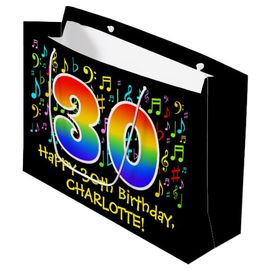 30. Geburtstag - Farbige Musiksymbole, Regenbogen Große Geschenktüte (Vorderseite Schrägansicht)