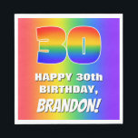 30. Geburtstag: Farbiges, lustiges Regenbogenmuste Serviette<br><div class="desc">Dieses fröhliche und fröhliche Geburtstagspapier serviert eine große Zahl "30" mit einem farbenprächtigen Regenbogenspektrum, inspiriert Farbverlaufsmuster, zusammen mit der Meldung "HAPPY 30 th BIRTHDAY" und einem benutzerdefinierbaren Empfängernamen. Der Hintergrund zeichnet sich durch ein lebendiges, mehrfarbiges Regenbogenspektrum aus, das durch ein inspiriertes Farbverlaufsmuster gekennzeichnet ist. Papierservietten wie diese können bei einem...</div>
