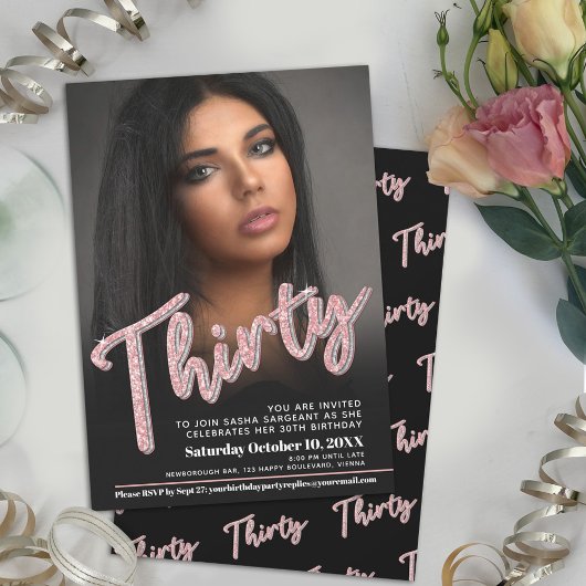 30. Geburtstag Foto Drehbuch Glitzer pink Einladung