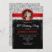 30. Geburtstag Foto Einladung - Silberschwarz Rot (Vorne/Hinten)
