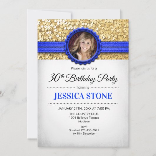 30. Geburtstag Foto - Gold White Royal Blue Einladung (Vorderseite)