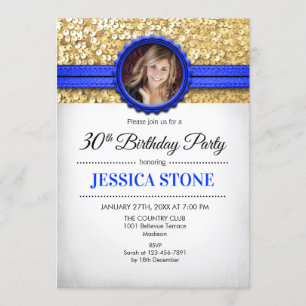 30. Geburtstag Foto - Gold White Royal Blue Einladung