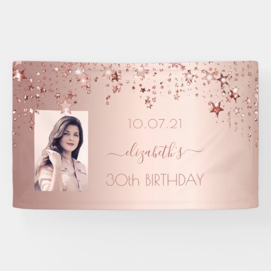 30. Geburtstag Foto Rose Gold Rosa Glitterstars Banner (Horizontal)