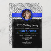 30. Geburtstag Foto - Silver Black Royal Blue Einladung (Vorne/Hinten)