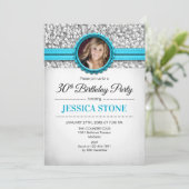 30. Geburtstag Foto - Silver White Aqua Blue Einladung (Stehend Vorderseite)